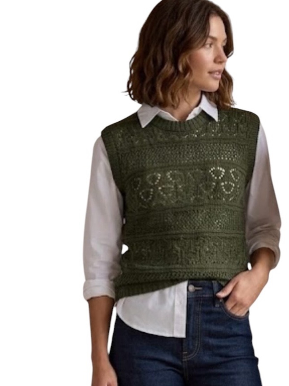 Cyrus Army Green Open  Knit Sleeveless Sweater Vest
